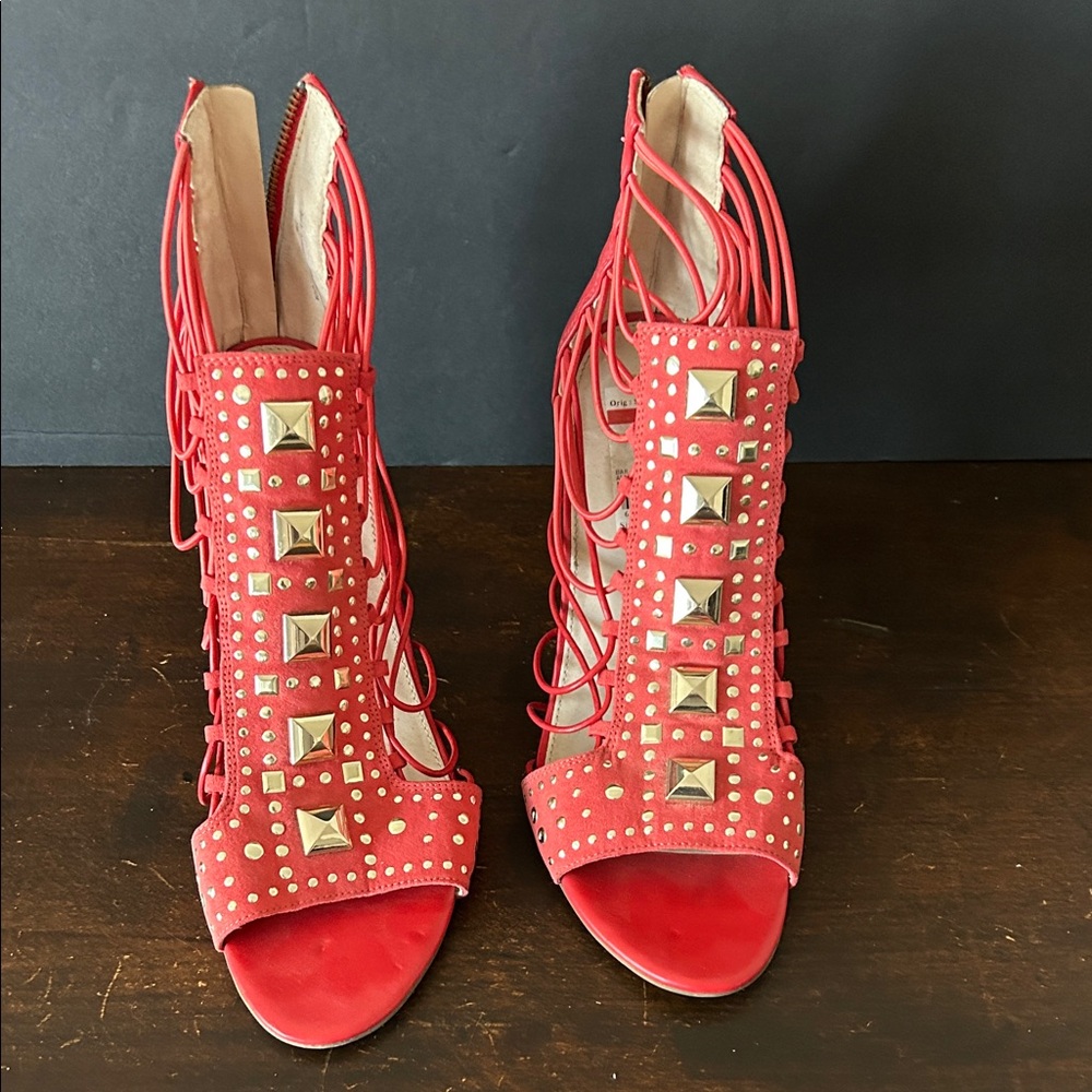 Bar III Annetta studded sandals in coral red faux suede with a stiletto heel